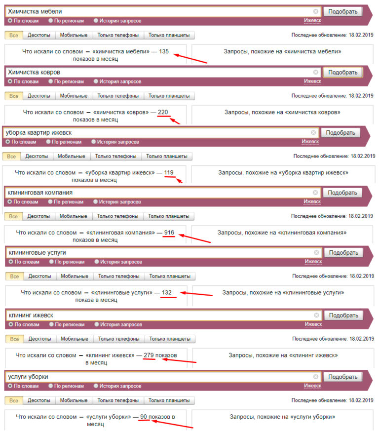 Пример запросов по клинингу